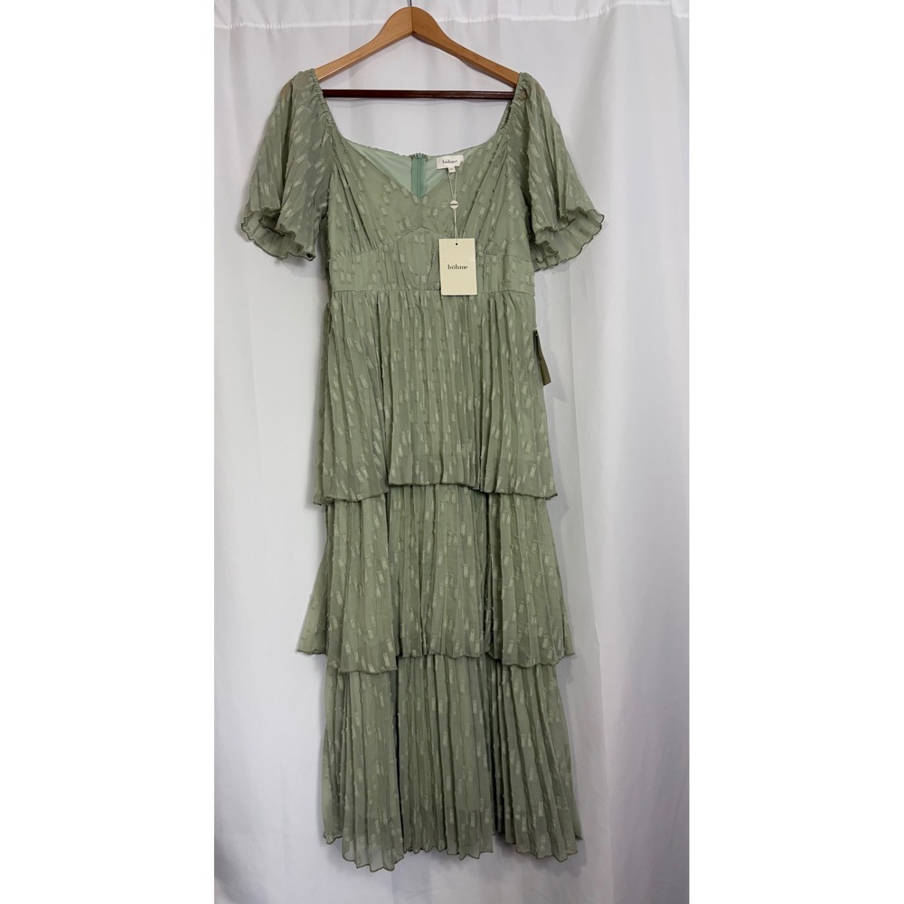 Bohme Green Boho Event Tiered Ruffle Maxi Dress XL Short Sleeve Cottagecore